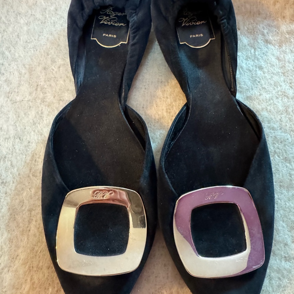 Roger Vivier Black Suede Flats with Gold & Pink Buckle Accents